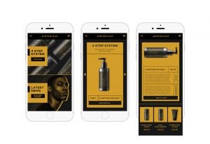 Three screen captures of the Apollo mobile app on a phone. The app features a yellow and black color scheme.