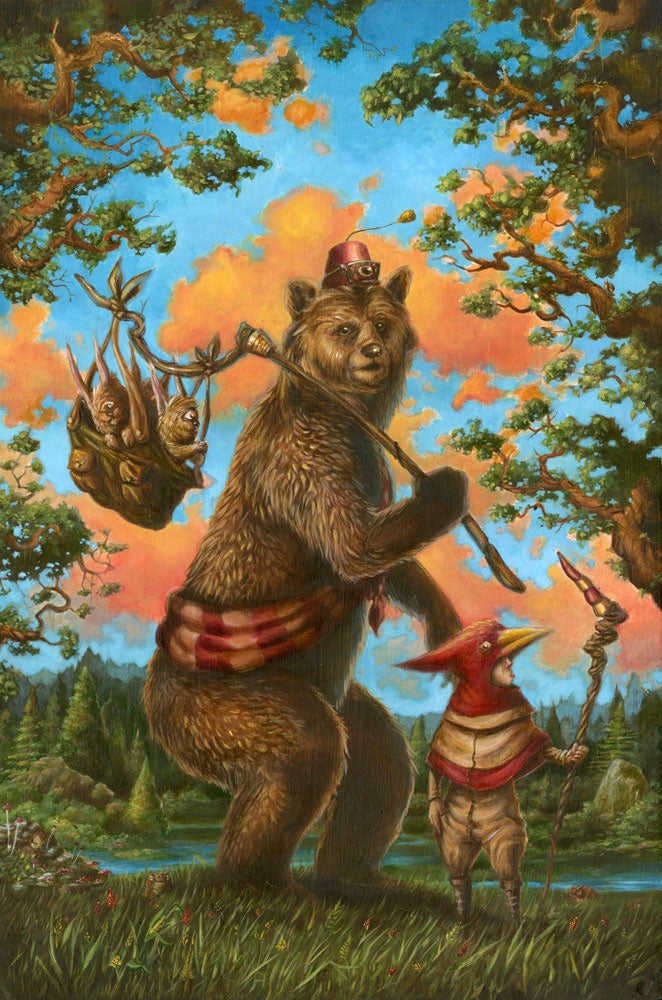 A painting of a bear with a bag hanging from a stick over his shoulder and a fez on his head. A person wearing a cardinal bird cape and holding a staff is next to the bear.