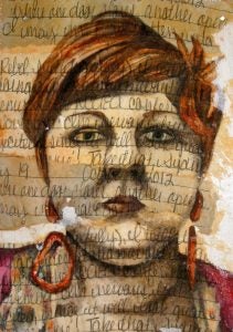 A textile work featuring a portrait of a woman with short red hair wearing long earings. Some hand writing is superimposed over the portrait.